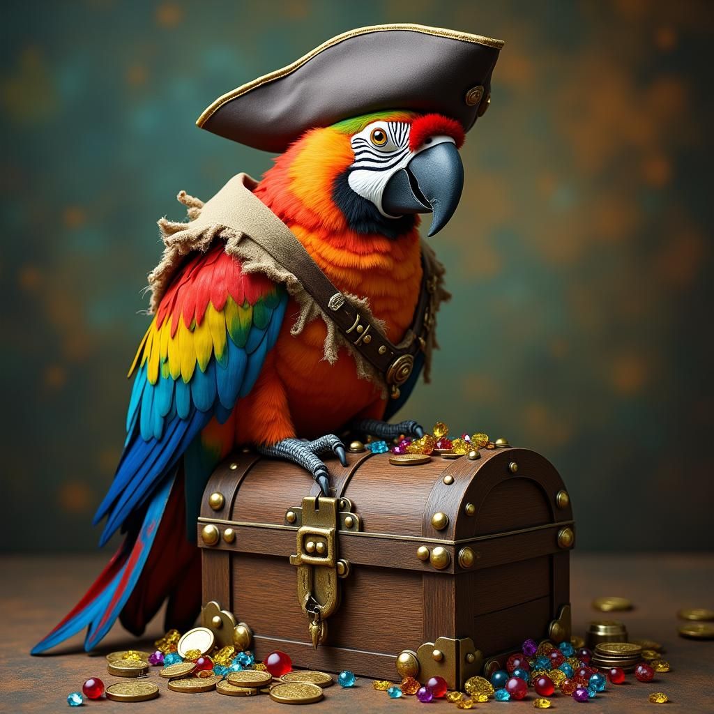 Pirate Parrot on Treasure Chest in Fantasy Style