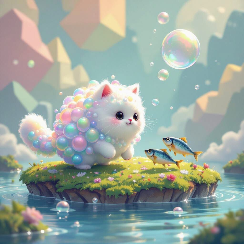 Bubble Cat Chasing Sardines on Floating Island