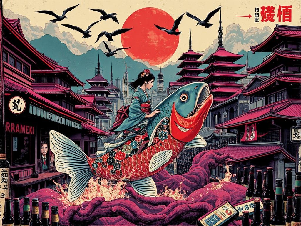 Surreal Japanese Cityscape with Kimono Woman as Vintage Post...