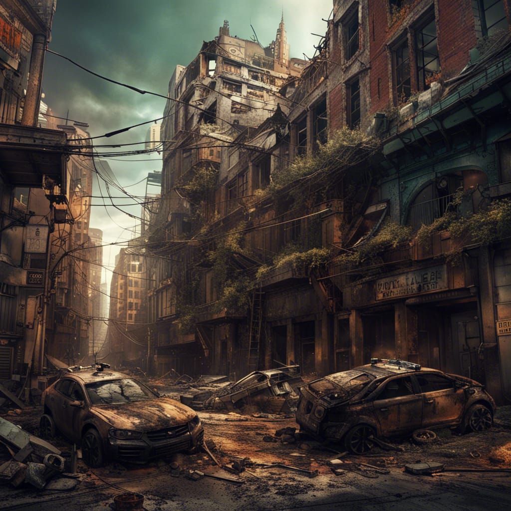 Post-Apocalyptic City with Crashed Robots