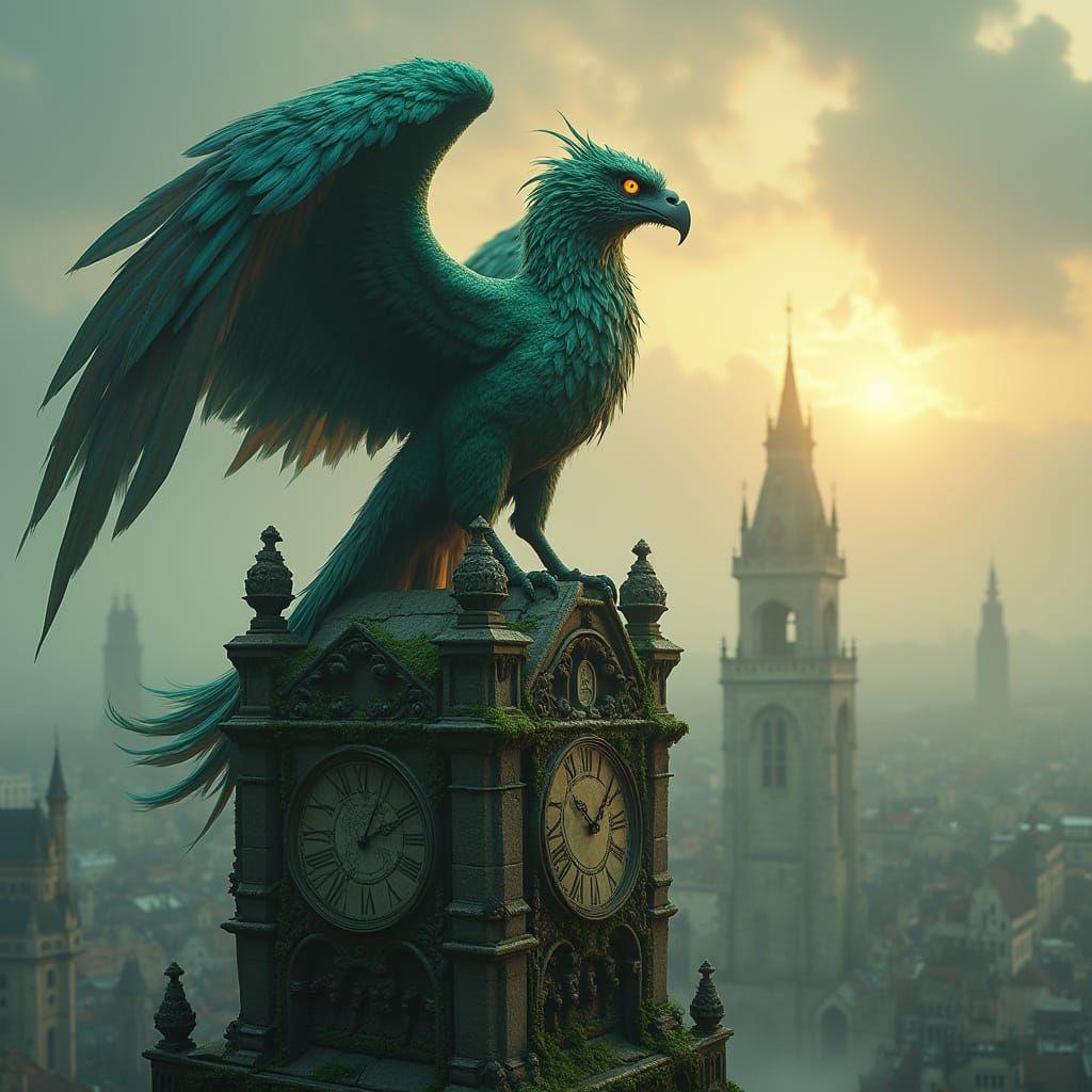 Majestic Griffin Rules Over Ancient Clock Tower in Dark Fant...