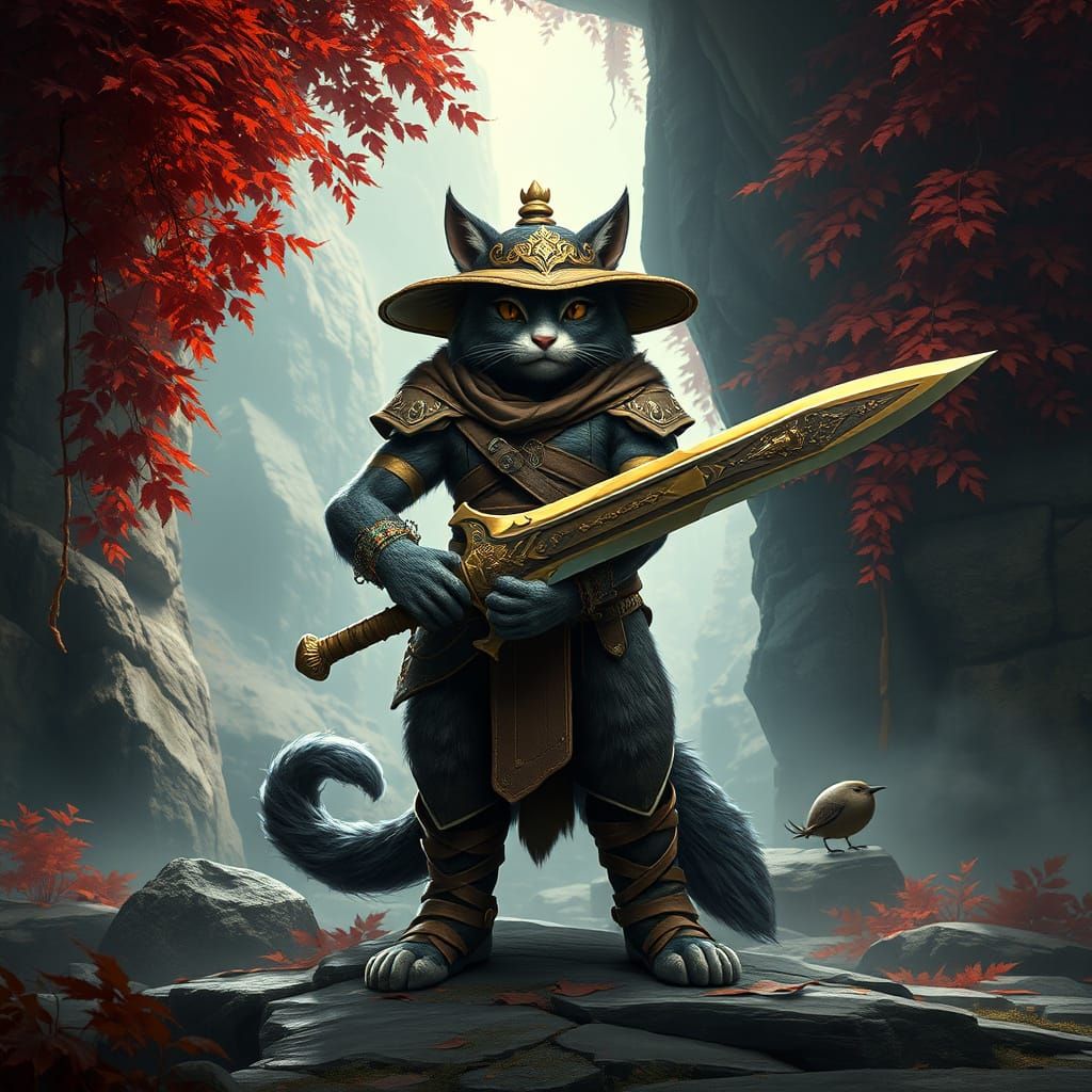 Majestic Feline Warrior in Whimsical, High-Fantasy Armor