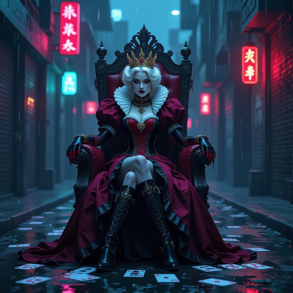 Cyberpunk Queen of Hearts Matriarch on Circuit Board Throne