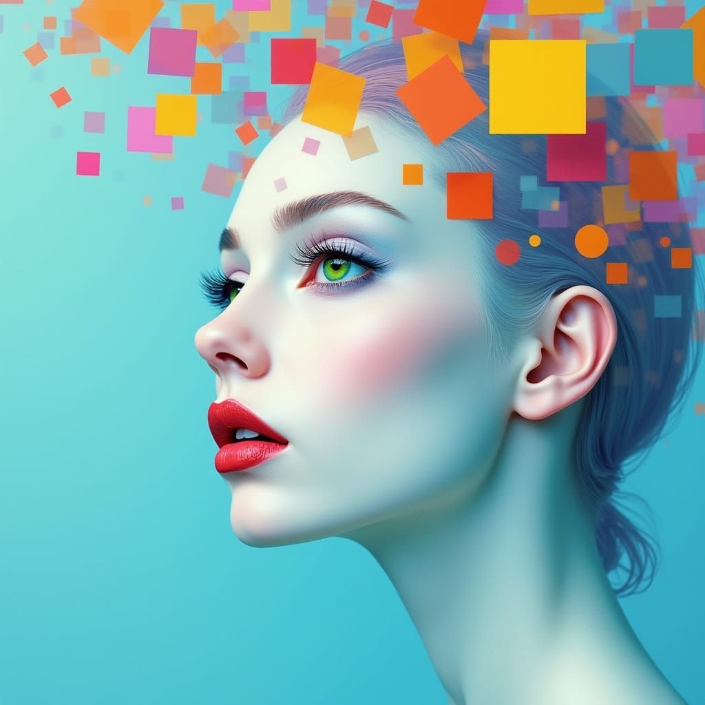 Woman's Face with Blue Skin and Geometric Shapes