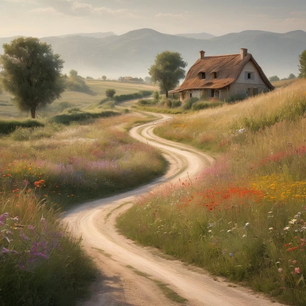 Idyllic Countryside Road in Hyperrealist Style