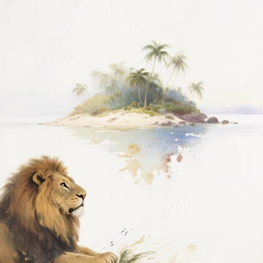 Tropical Island Meets Lion in Watercolor Painting