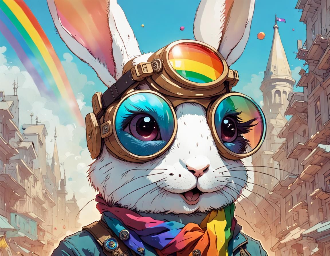 Rabbit with Goggles and Rainbow Scarf