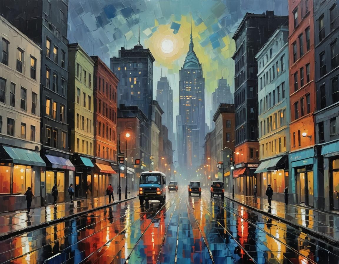 Rainy City Dusk: Geometric Buildings in Post-Impressionist S...