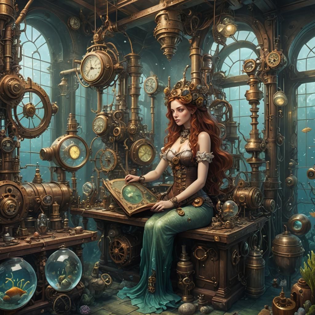 Underwater Steampunk Laboratory with Mermaids