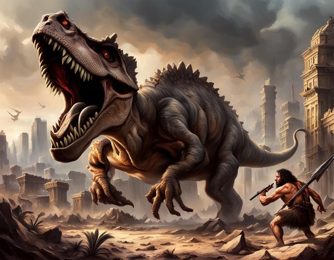 Caveman Dinosaur Hunt in Ruined City
