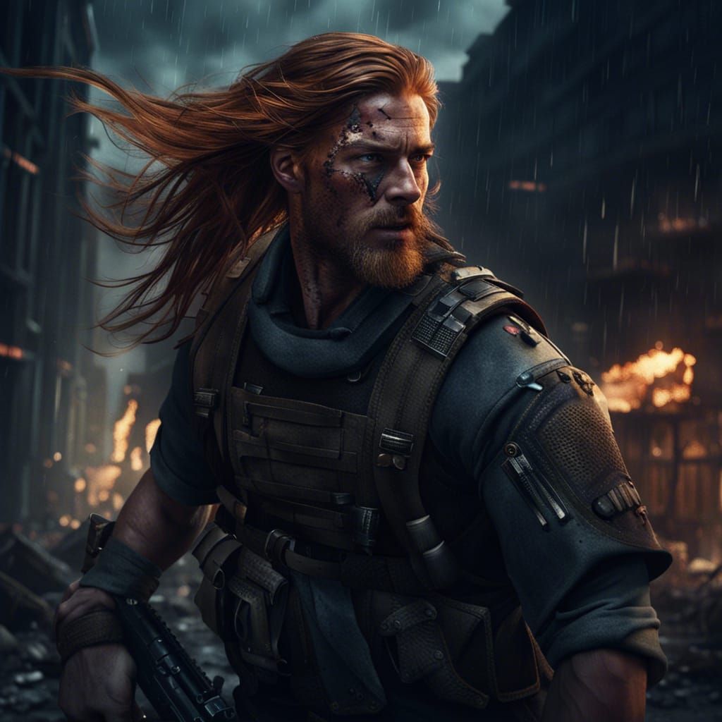 Nordic Infantryman in Post-Apocalyptic Cityscape