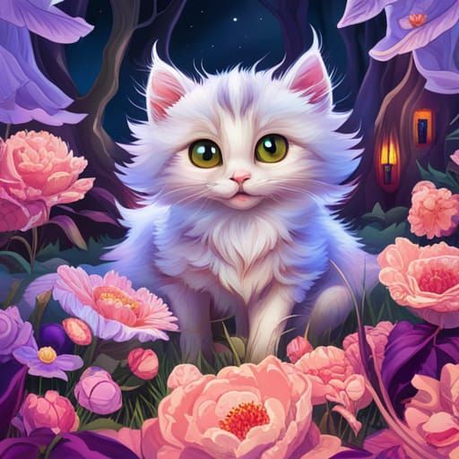 Cute Kitten's Forest Surprise in Detailed Style