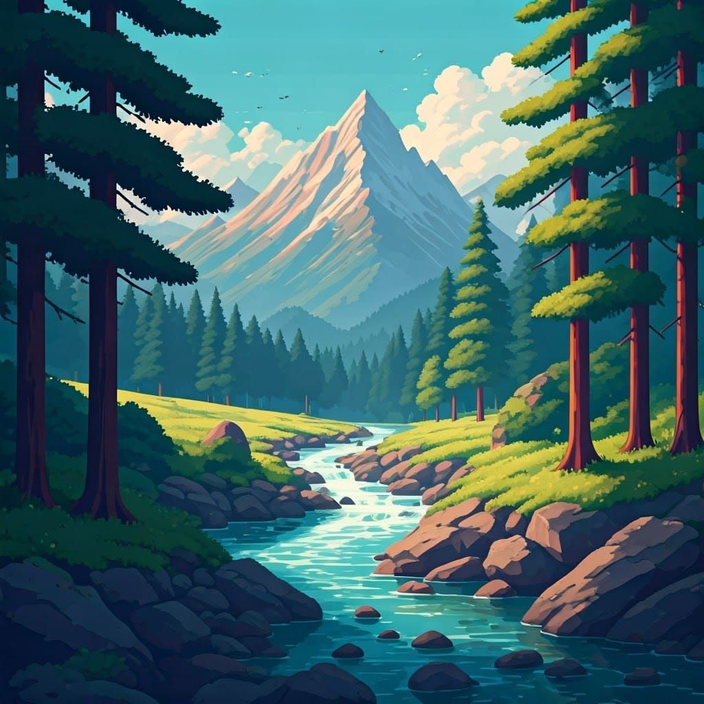 A breathtaking pixel art landscape of an mountain stream