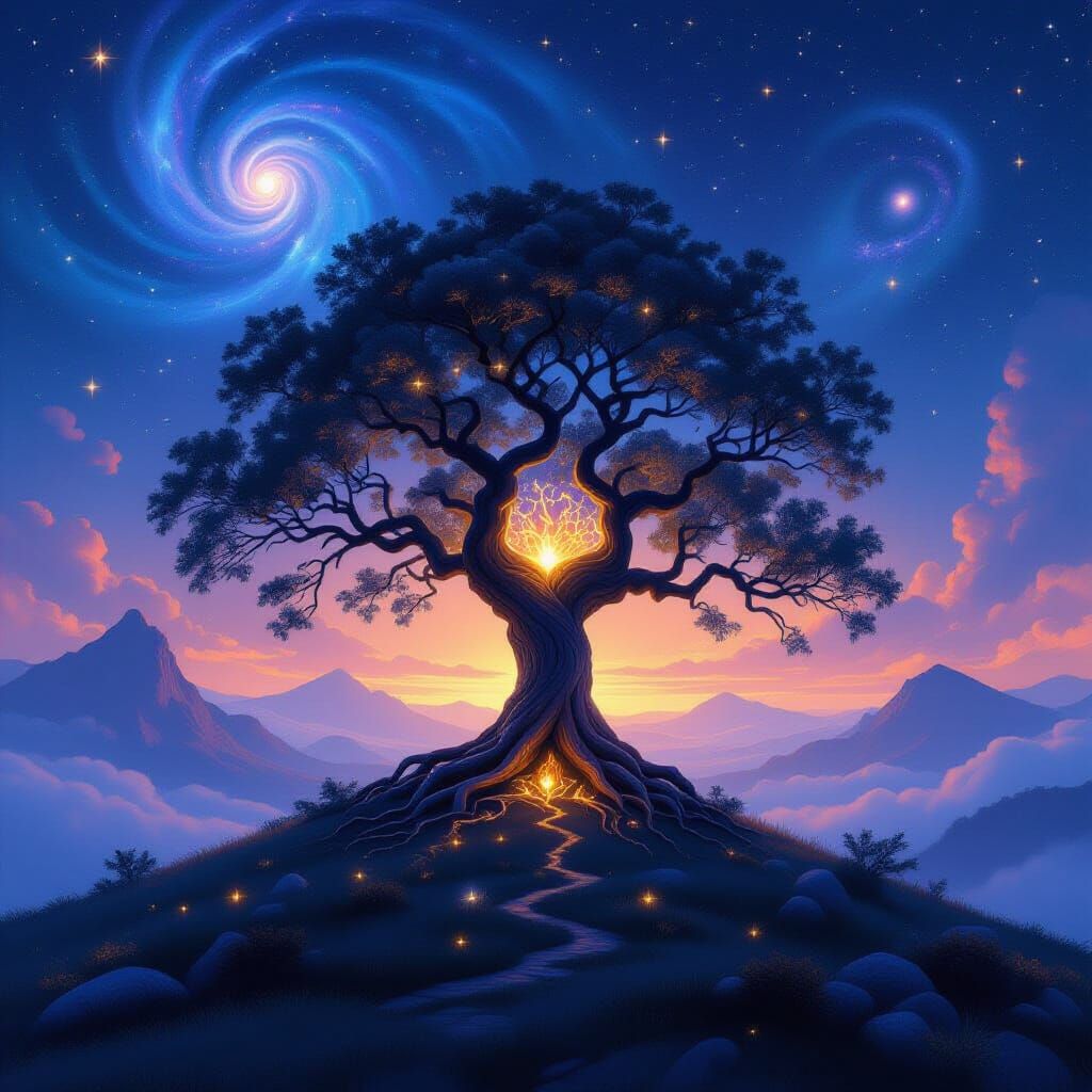 Ethereal Ancient Tree on Misty Hill in Fantasy Art Style