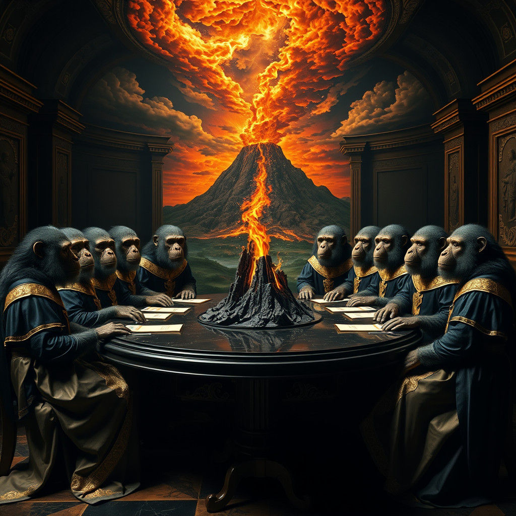 Renaissance Hall of Apes Under Volcanic Sky
