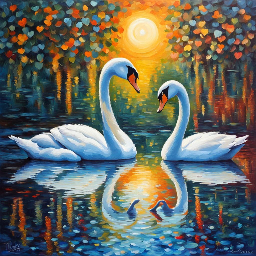 Swans in Love: Neo-Impressionistic Lake Scene