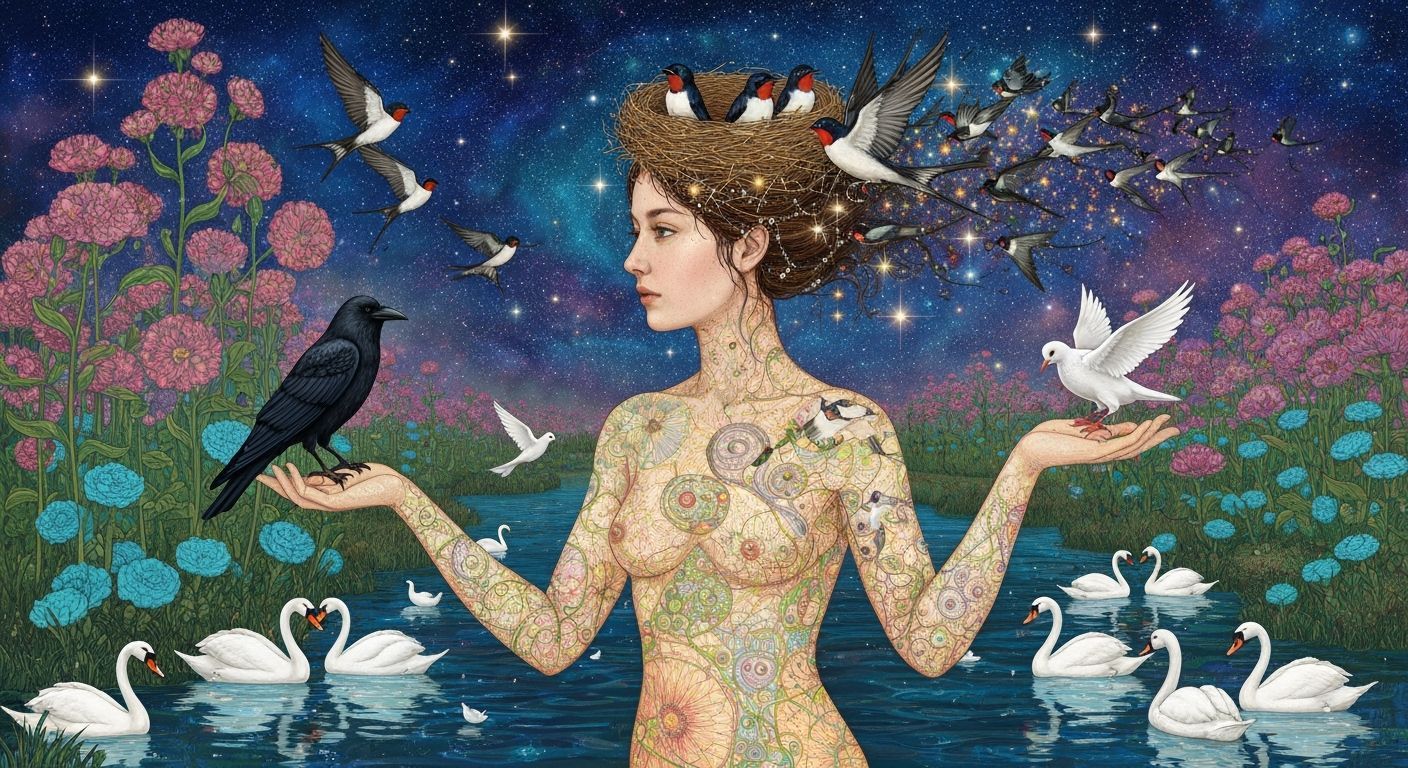 Ethereal Woman Transforms into Birds Amidst Cosmic Energy