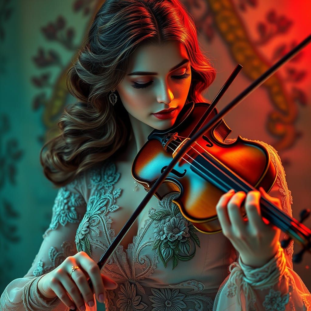 Elegant Woman Plays Violin with Passion in Dramatic Lighting
