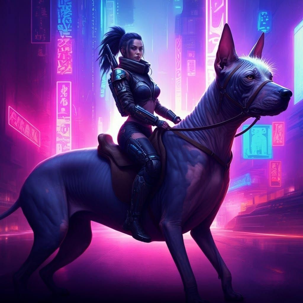 Cyberpunk Warrior Rides Dog in Neon City