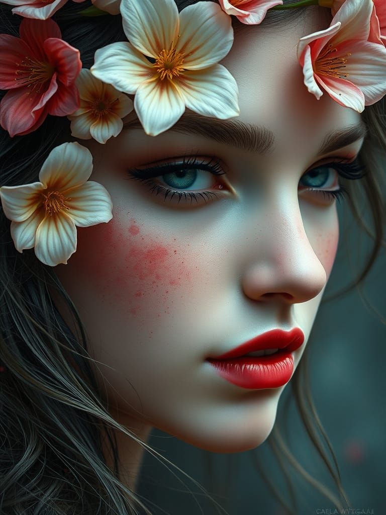 Gothic Fantasy Portrait of a Woman with Flowers in Hair