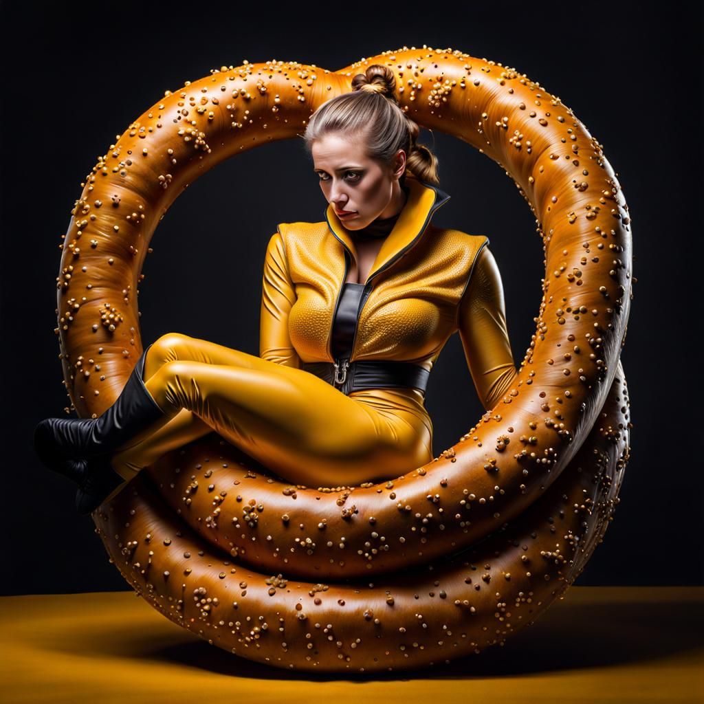 Pretzel Contortionist in Mustard and Salt: Hyperrealistic Ar...