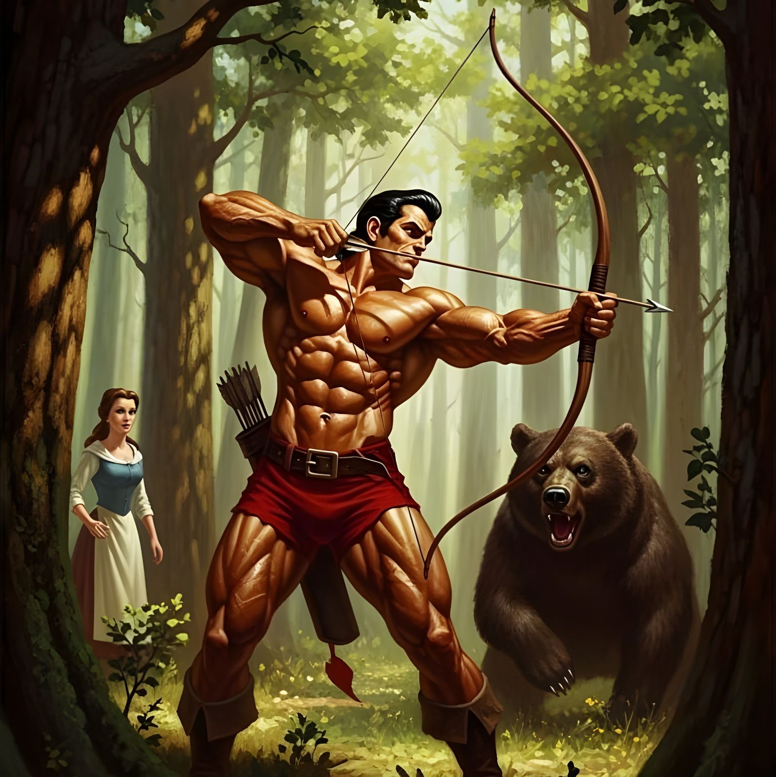 Gaston Aims Bow at Bear with Belle Watching