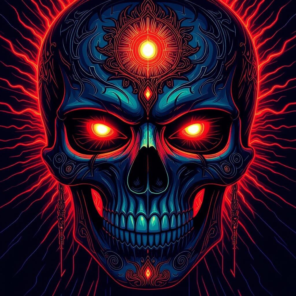 Glowing Neon Red Eyes With Psychedelic Skull