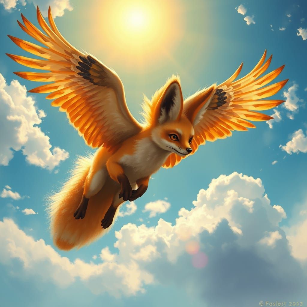 Surreal Fennec Fox Soars with Golden Falcon Wings
