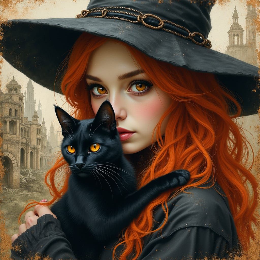 Fiery Witch and Cat in Ruined City