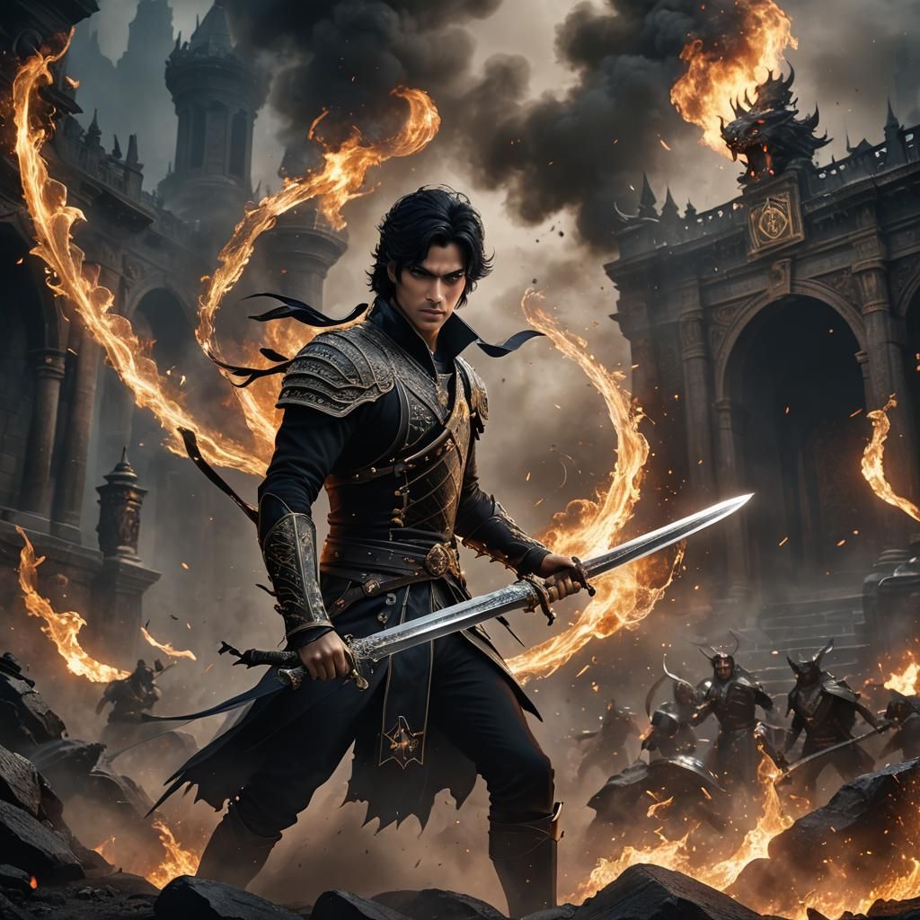 Black-Haired Prince Battles with Sword: Matte Painting