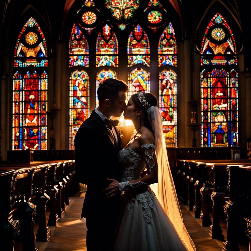 Vampire Groom Kissing Bride in Gothic Church