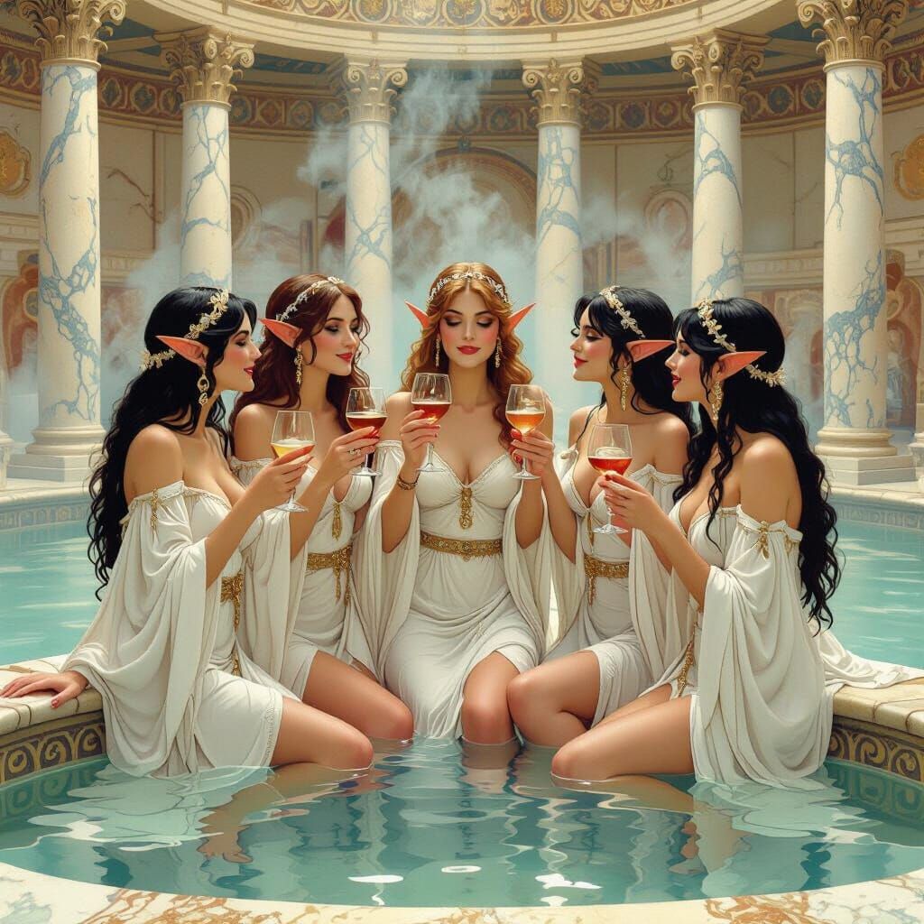 Elf Women Celebrate in Roman Bath House, Art Nouveau