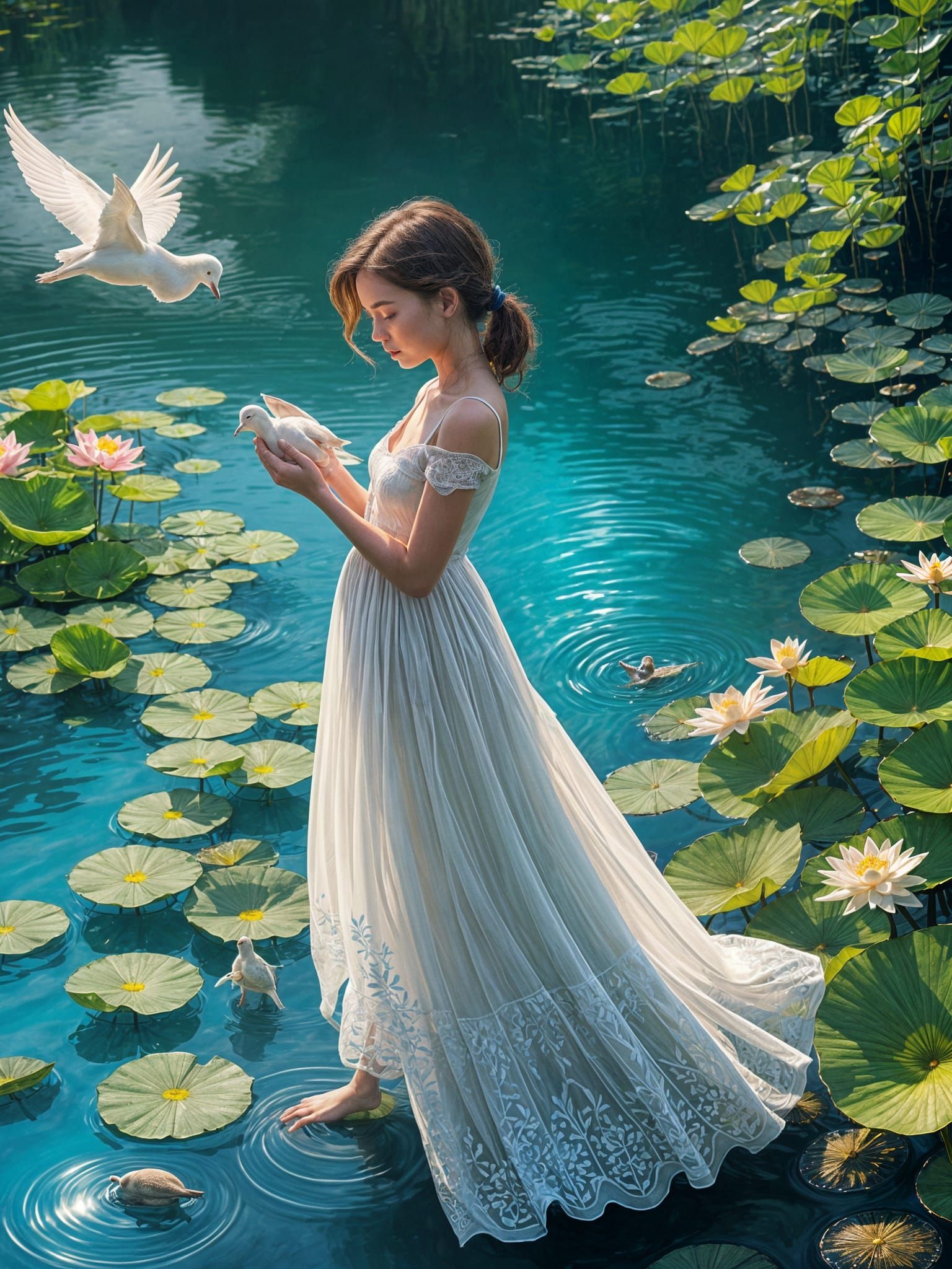 Girl Standing by Calm Blue Stream with Lotus Flowers and Ref...