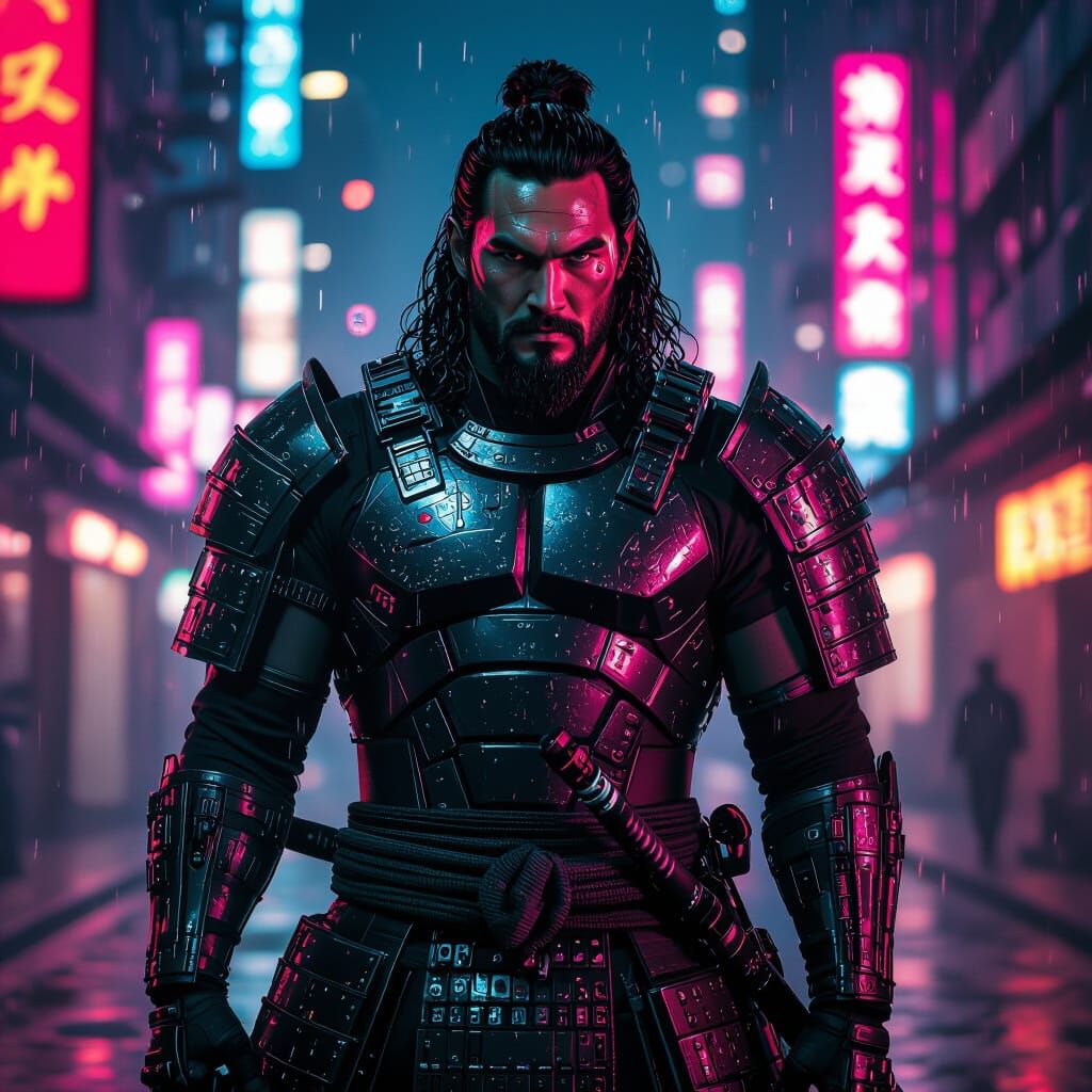 Cyberpunk Samurai Warrior in Neon Cityscape
