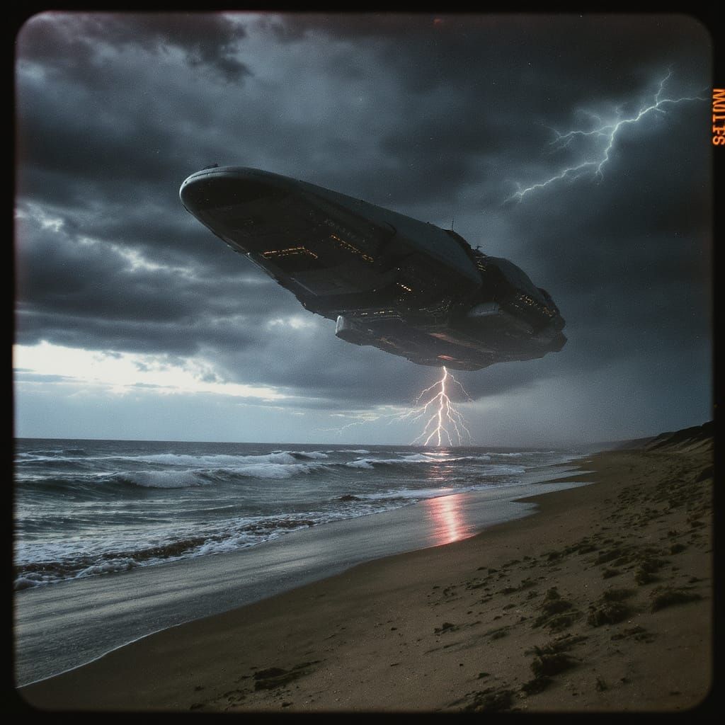 Dramatic Beach Landing: Spaceship in Stormy Sky