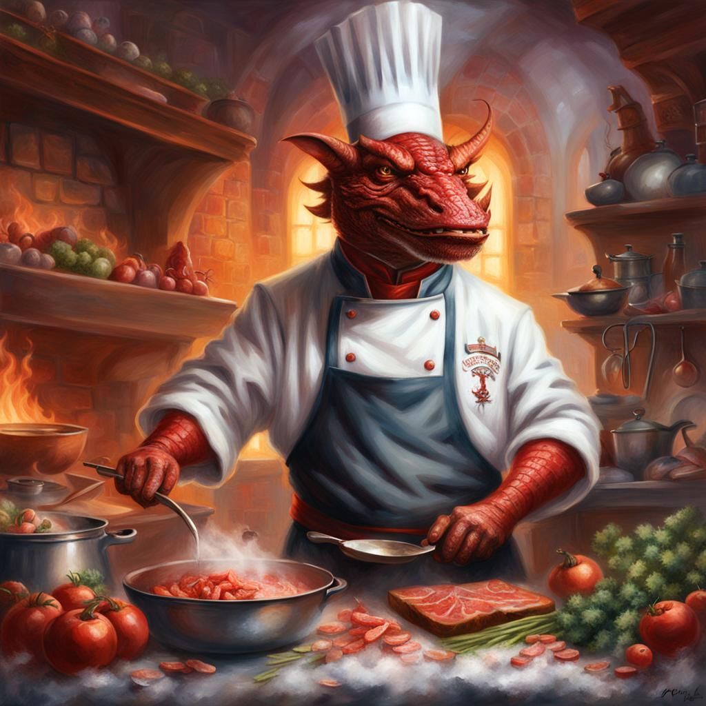 Red Dragonborn Chef Portrait in Ethereal Fantasy Style