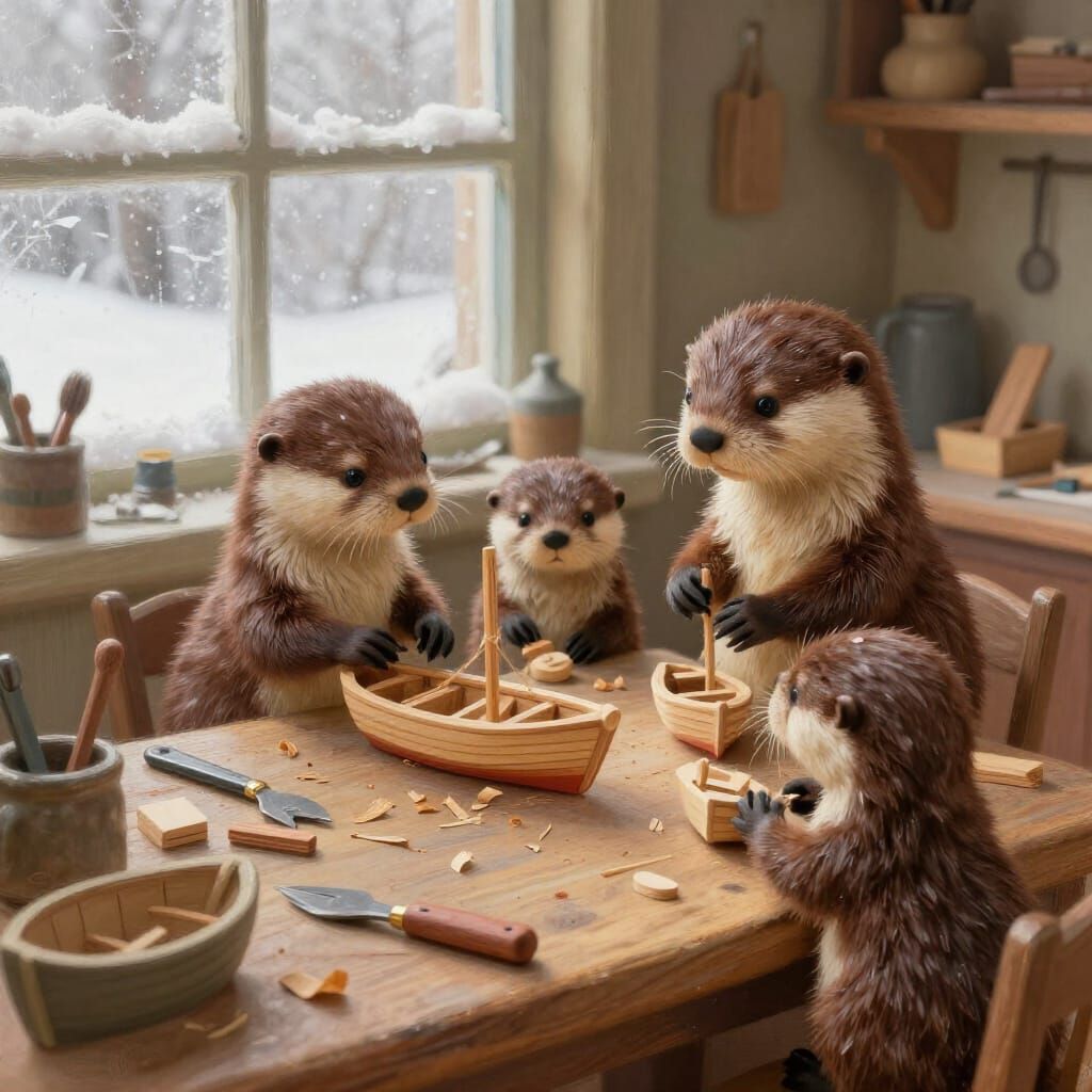 Otter Family Crafts Tiny Boats in Cozy Workshop