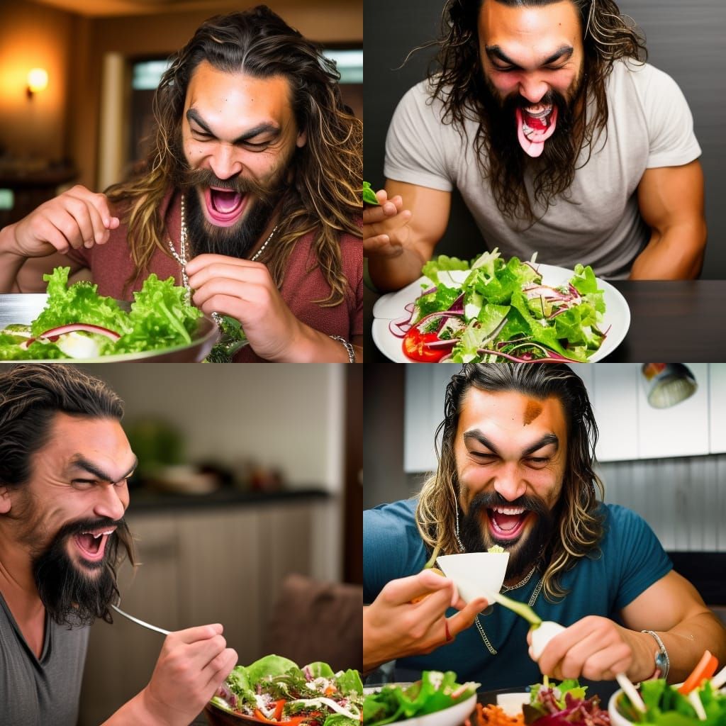 Jason Momoa Laughing and Eating Salad