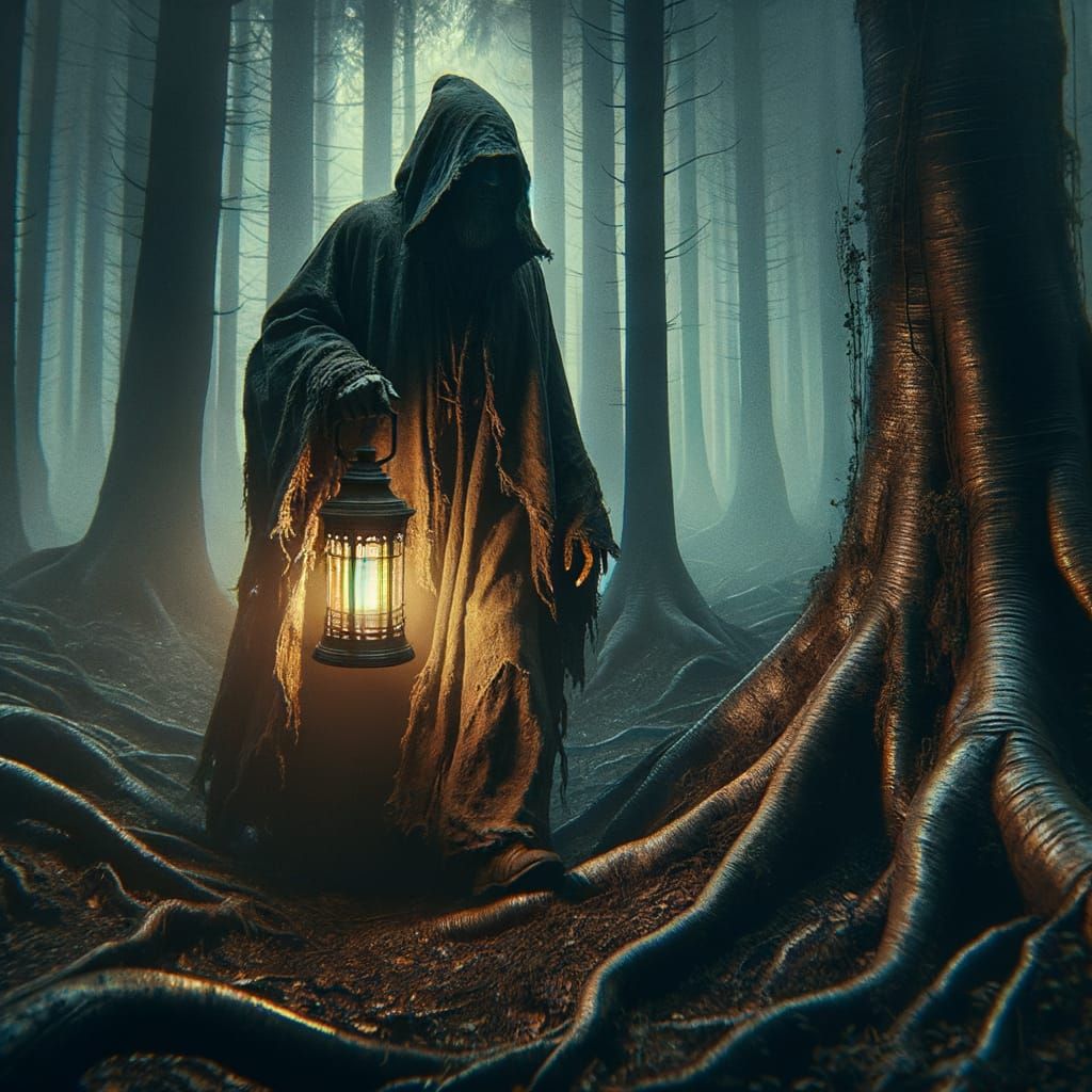 Solitary Traveler in Dark Fantasy Forest at Dusk