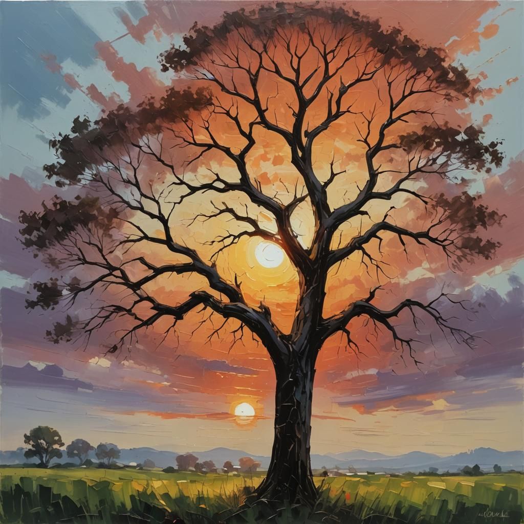 Sunset Tree in Oil Painting Style
