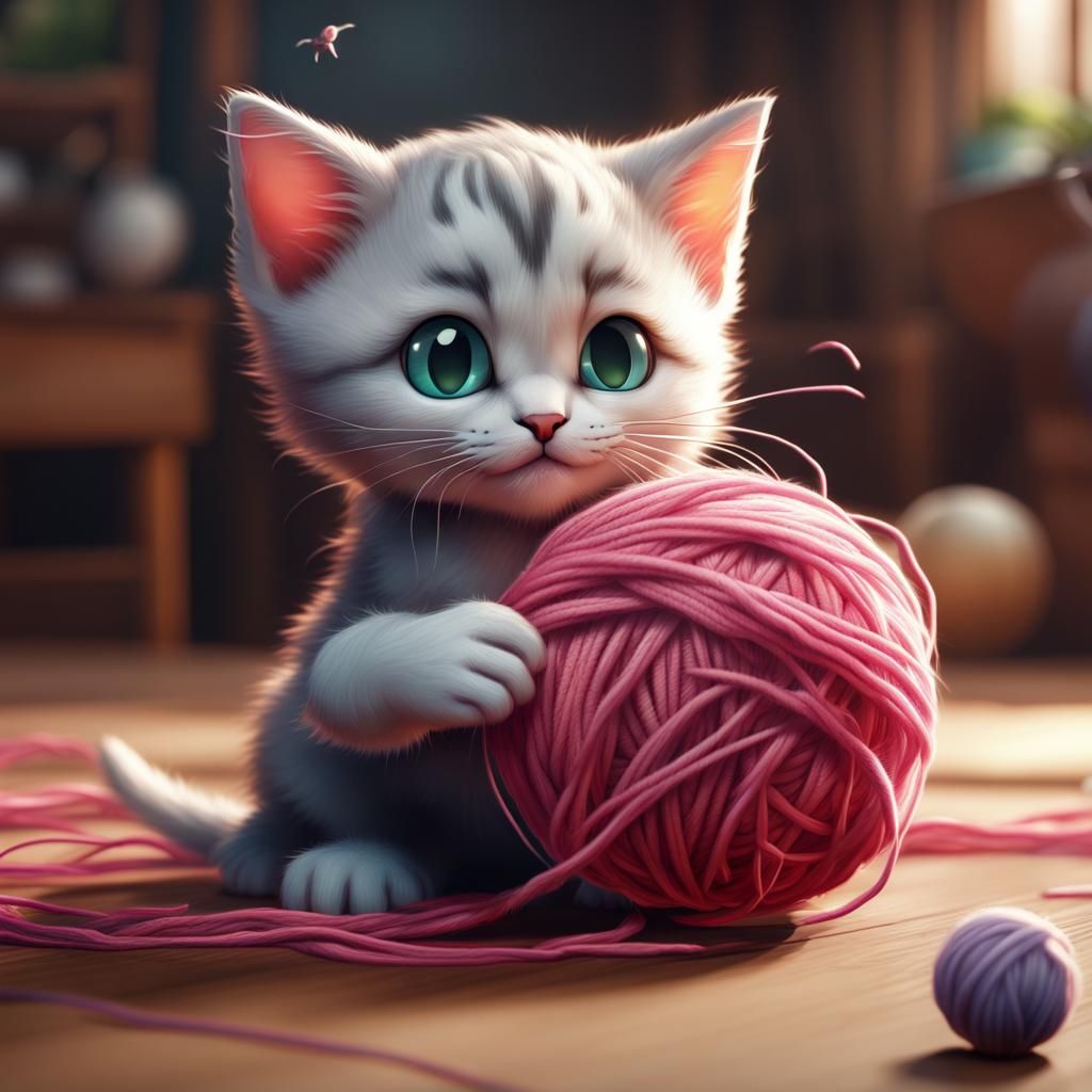 Kawaii Kitten and Yarn: Fantasy Concept Art