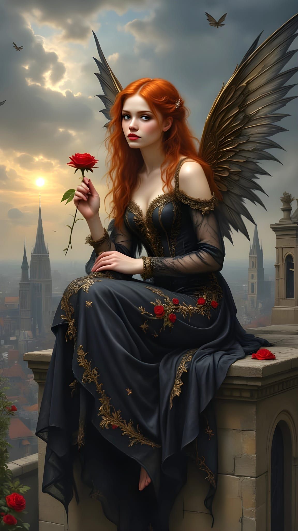 Melancholic Angel on Ruined City, Pre-Raphaelite Style