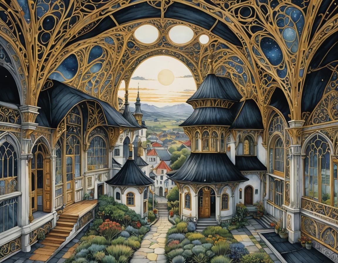 Surreal Station Interior in Watercolor Style