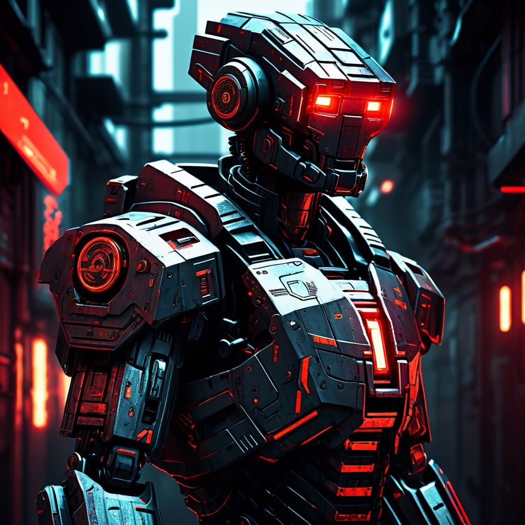 Cyberpunk Robot Gangster in Red Armor