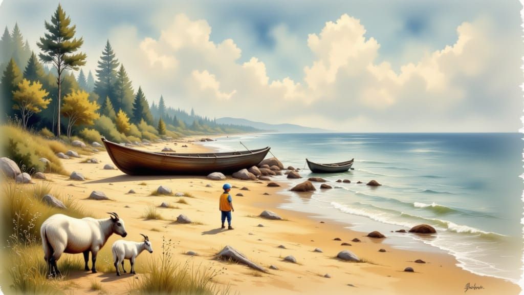 Child and Farm Animal on Peaceful Seaside Shoreline