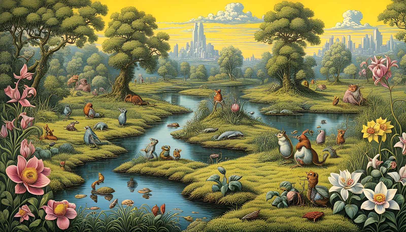 Adorable Cartoon Rat in Psychedelic Spring Setting