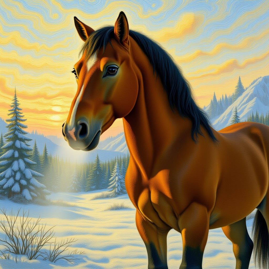 Majestic Horse in Winter Landscape, Impressionist Style