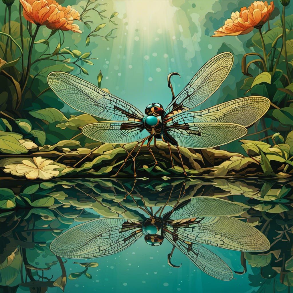 Dragonfly Touching Mirrored Reflection, Detailed Digital Art