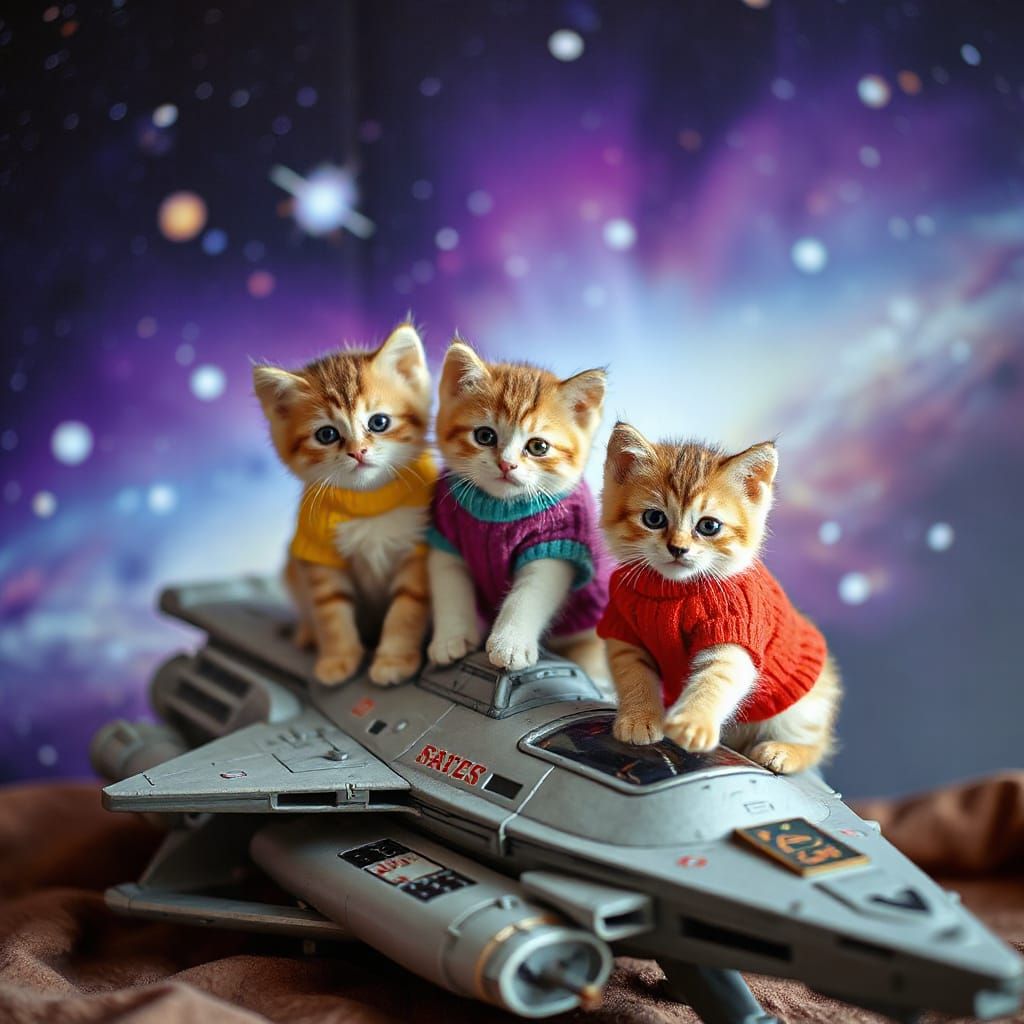 Whimsical Space Kittens in Colorful Sweaters