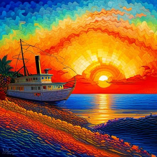 Burning Steamer Sails into Surreal Tropical Sunset